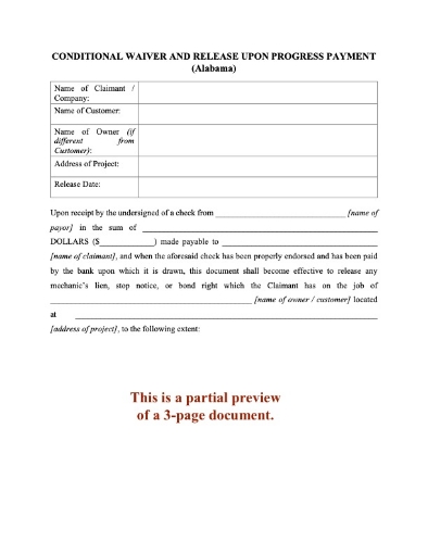 Alabama Conditional Waiver and Release of Lien - Progress Payment