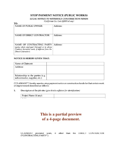 California Stop Payment Notice - Public Works