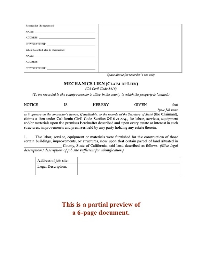 California Mechanics Lien / Claim of Lien Form