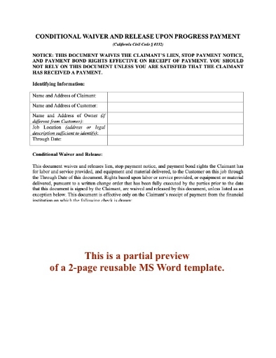 California Conditional Waiver and Release of Lien - Progress Payment