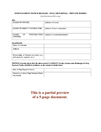 California Stop Payment Notice Release - Private Works