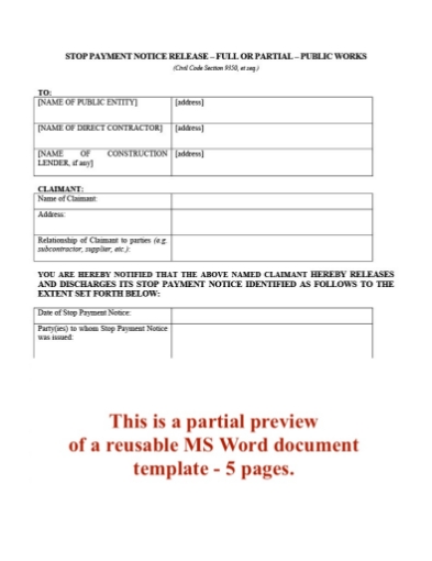 California Stop Payment Notice Release - Public Works