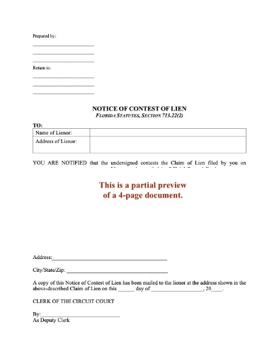 Florida Notice of Contest of Lien