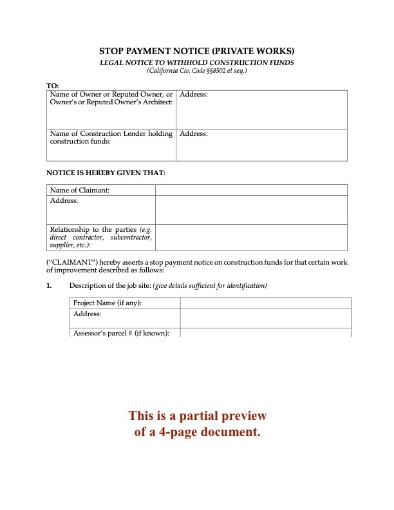 California Stop Payment Notice - Private Works