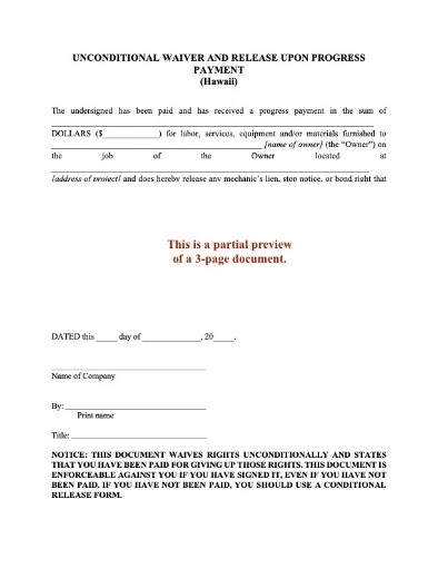 Hawaii Unconditional Waiver and Release of Lien - Progress Payment