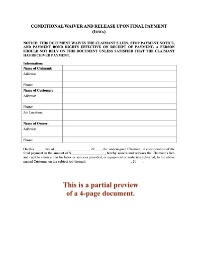 Picture of Iowa Conditional Lien Waiver and Release - Final Payment