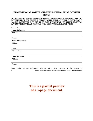 Iowa Unconditional Lien Waiver and Release - Final Payment