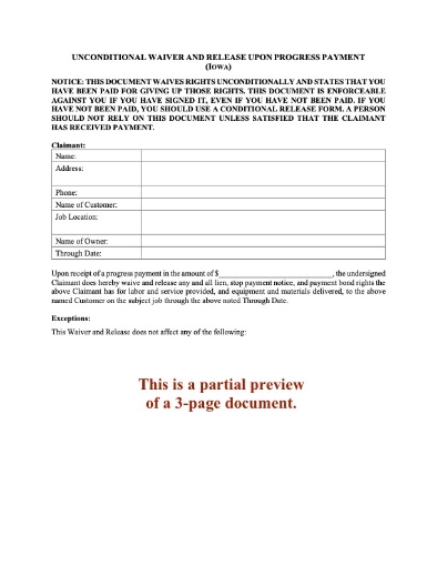 Iowa Unconditional Lien Waiver and Release - Progress Payment