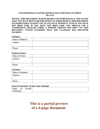 Kansas Unconditional Lien Waiver and Release on Final Payment