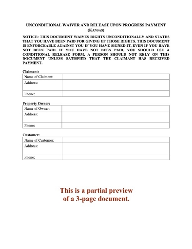 Kansas Unconditional Lien Waiver and Release on Progress Payment