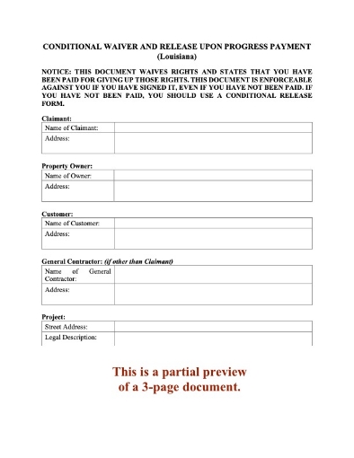 Louisiana Conditional Lien Waiver and Release on Progress Payment