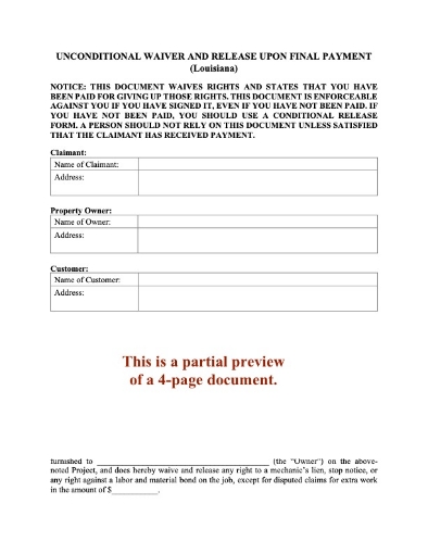 Louisiana Unconditional Lien Waiver and Release on Final Payment