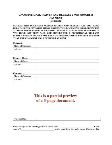 Louisiana Unconditional Lien Waiver and Release of Progress Payment