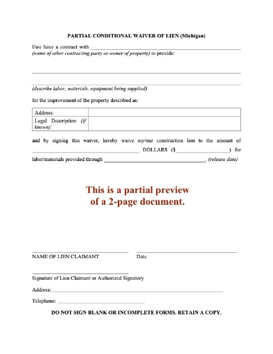 Michigan Partial Conditional Waiver of Lien