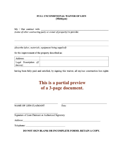 Michigan Full Unconditional Waiver of Lien