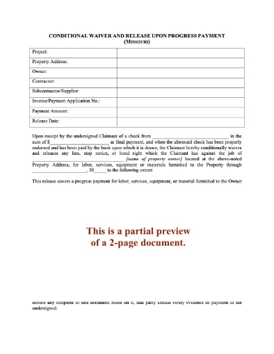 Missouri Conditional Lien Waiver and Release - Progress Payment