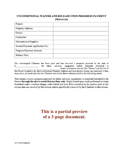 Missouri Unconditional Lien Waiver and Release of Lien - Progress Payment