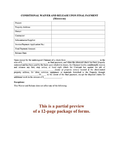 Missouri Lien Waiver and Release Forms Package