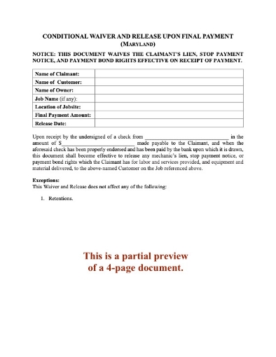 Maryland Conditional Lien Waiver and Release on Final Payment