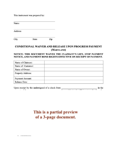 Maryland Conditional Lien Waiver and Release on Progress Payment
