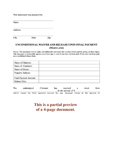 Maryland Unconditional Lien Waiver and Release of Final Payment