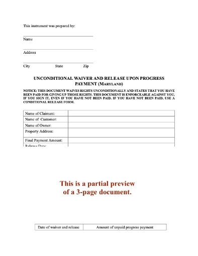 Maryland Unconditional Lien Waiver and Release on Progress Payment