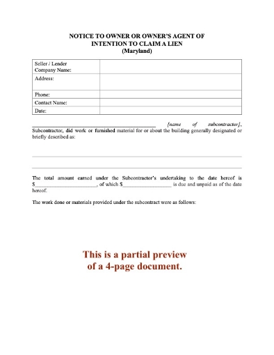 Maryland Notice to Owner of Intention to Claim a Lien