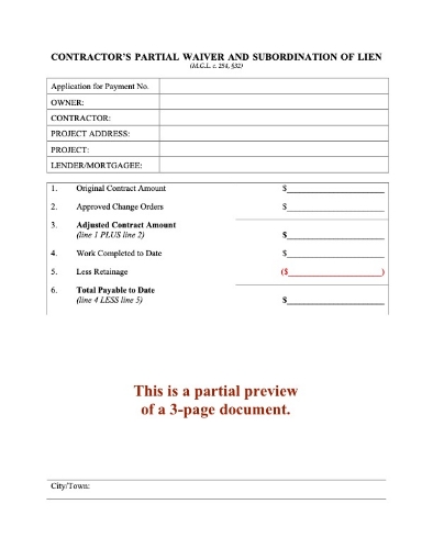 Massachusetts Contractor Partial Waiver and Subordination of Lien