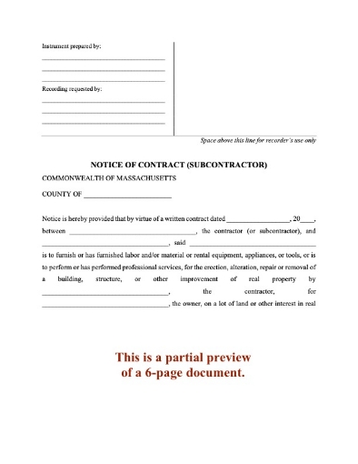 Massachusetts Notice of Contract - Subcontractor