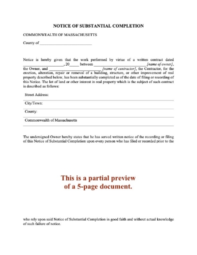 Massachusetts Notice of Substantial Completion
