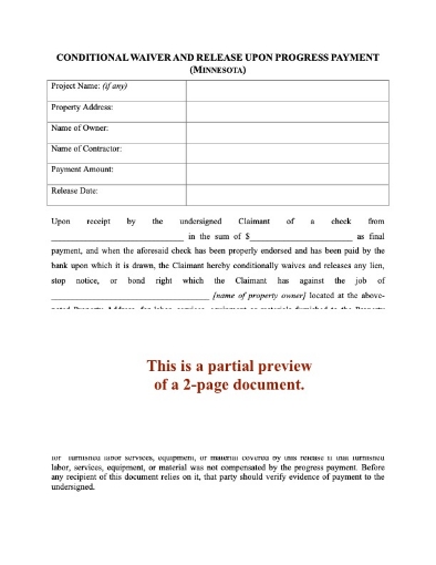 Minnesota Conditional Lien Waiver and Release on Progress Payment