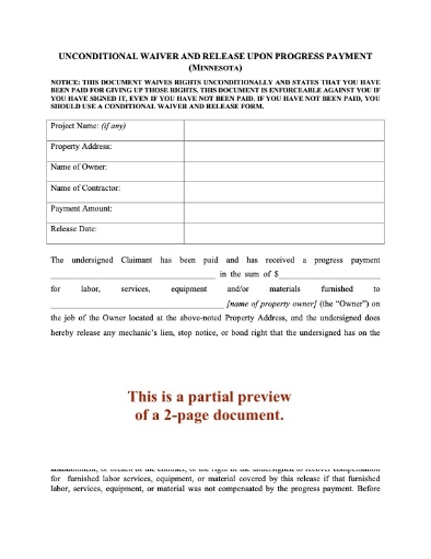 Minnesota Unconditional Lien Waiver and Release on Progress Payment