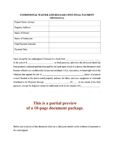 Minnesota Lien Waiver and Release Forms Package