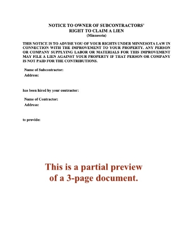Minnesota Notice to Owner of Subcontractor's Right to Claim a Lien