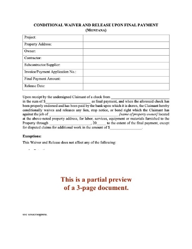 Montana Conditional Lien Waiver and Release on Final Payment