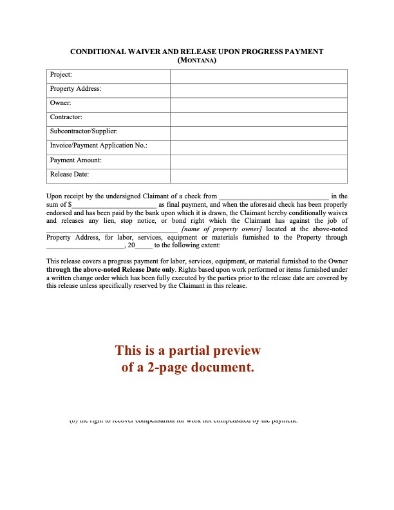 Montana Conditional Lien Waiver and Release on Progress Payment