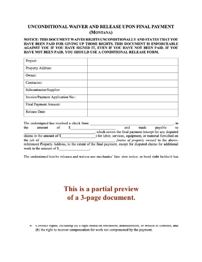 Montana Unconditional Lien Waiver and Release on Final Payment