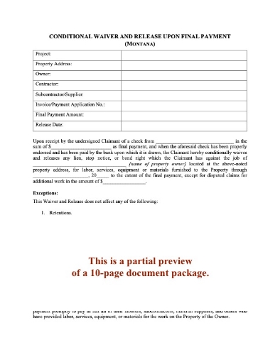 Montana Lien Waiver and Release Forms Package