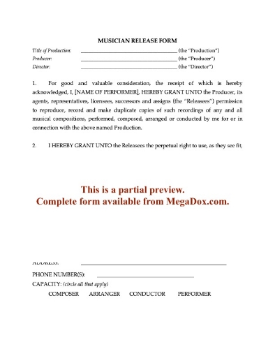 Musician Release Form for Film or TV