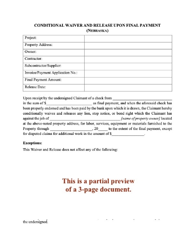 Nebraska Conditional Lien Waiver and Release on Final Payment