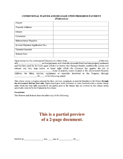 Nebraska Conditional Lien Waiver and Release on Progress Payment