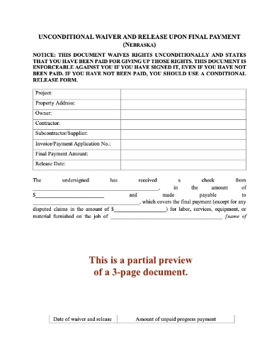 Nebraska Unconditional Lien Waiver and Release on Final Payment