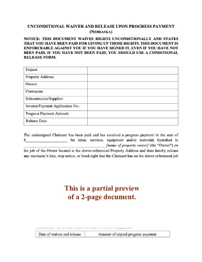 Nebraska Unconditional Lien Waiver and Release on Progress Payment