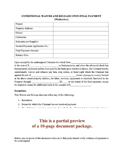 Nebraska Lien Waiver and Release Forms Package