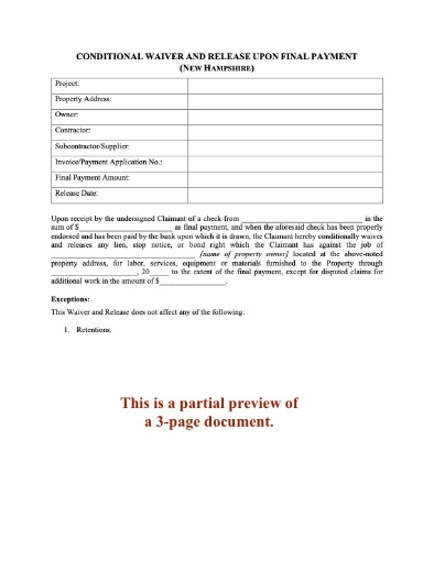 New Hampshire Conditional Lien Waiver and Release on Final Payment