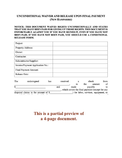 New Hampshire Unconditional Lien Waiver and Release on Final Payment
