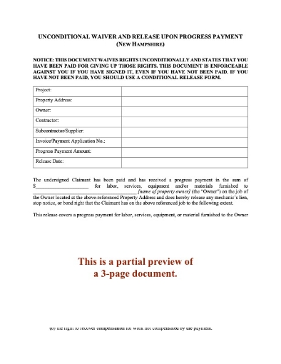 New Hampshire Unconditional Lien Waiver and Release on Progress Payment