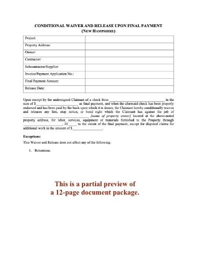 New Hampshire Lien Waiver and Release Forms Package