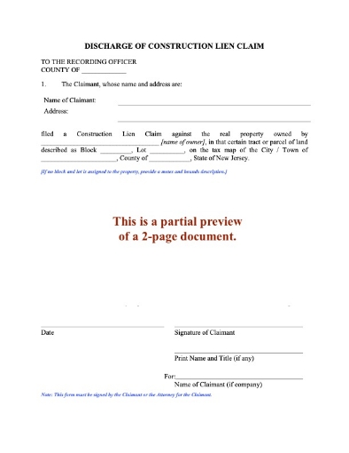New Jersey Discharge of Construction Lien Claim