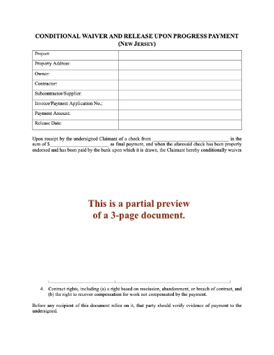 New Jersey Conditional Lien Waiver and Release on Progress Payment